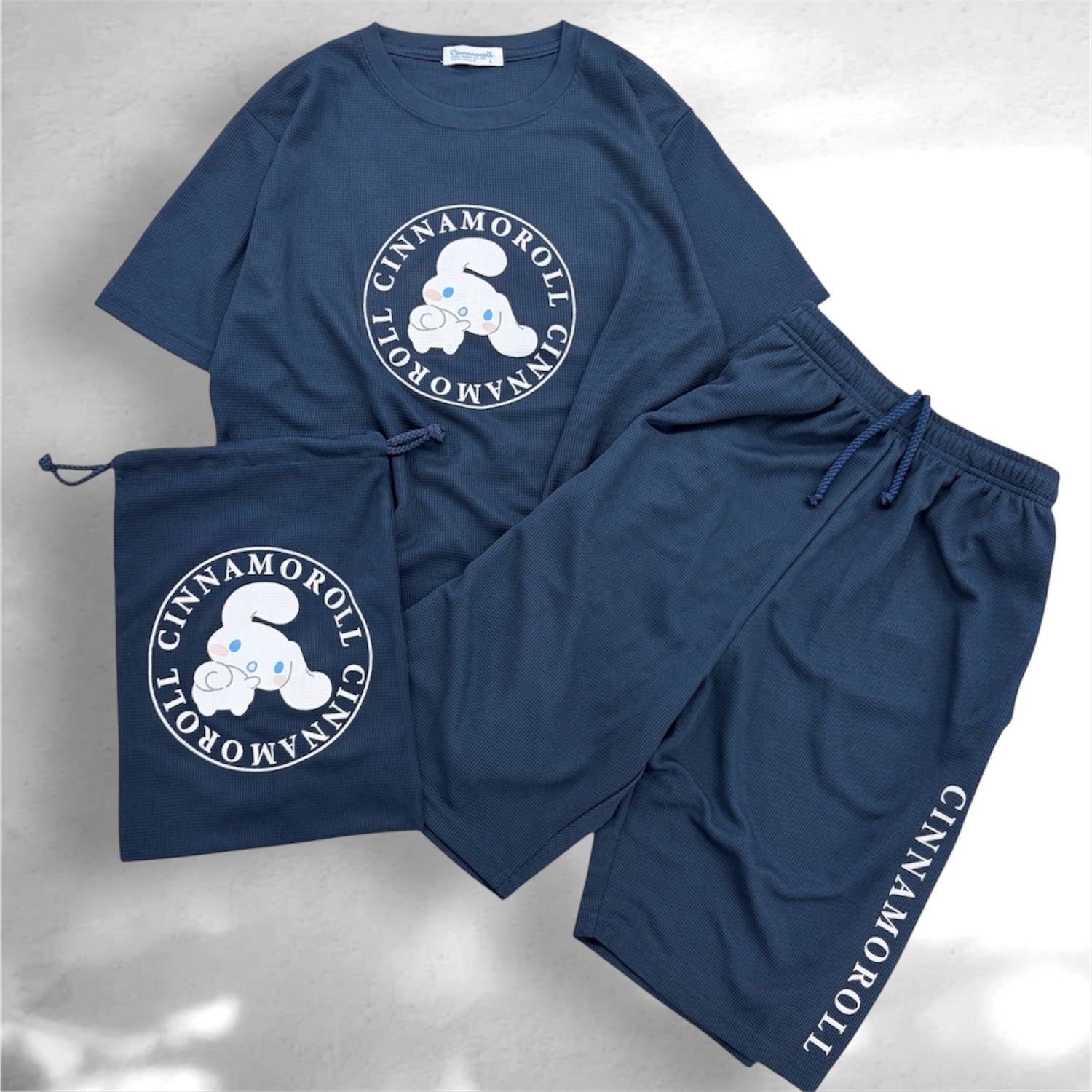 シナモロール プリント ドライワッフル 上下セット 巾着付き 半袖 Tシャツ ハーフパンツ セットアップ 夏 レディース メンズ SANRIO CHARACTERS cr1662-64
