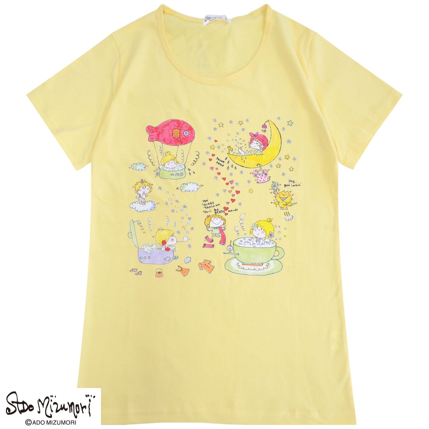 水森亜土 レディース プリント 半袖 天竺 Tシャツ トップス レトロ カワイイ イラスト あどちゃん