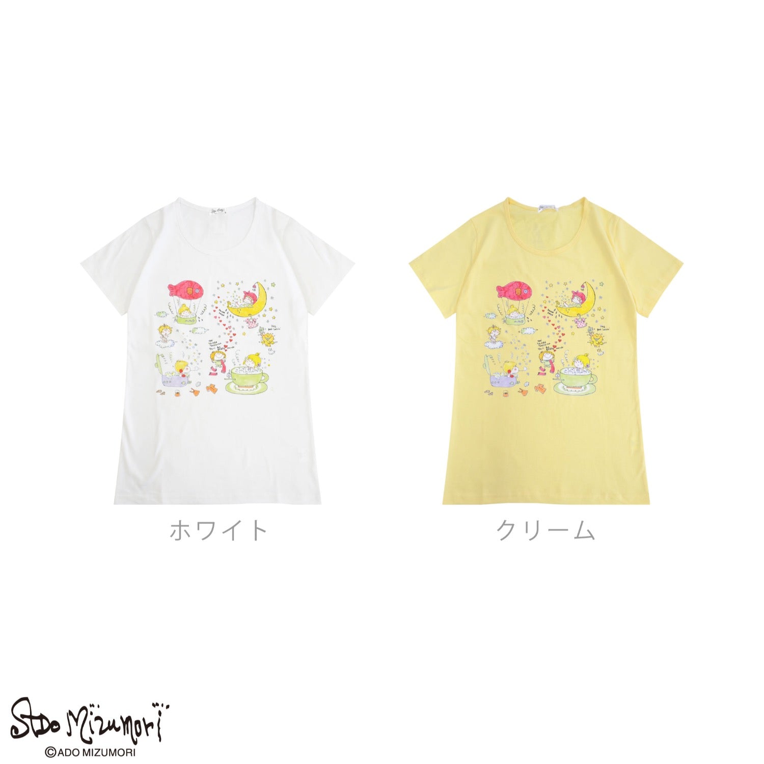 水森亜土 レディース プリント 半袖 天竺 Tシャツ トップス レトロ カワイイ イラスト あどちゃん