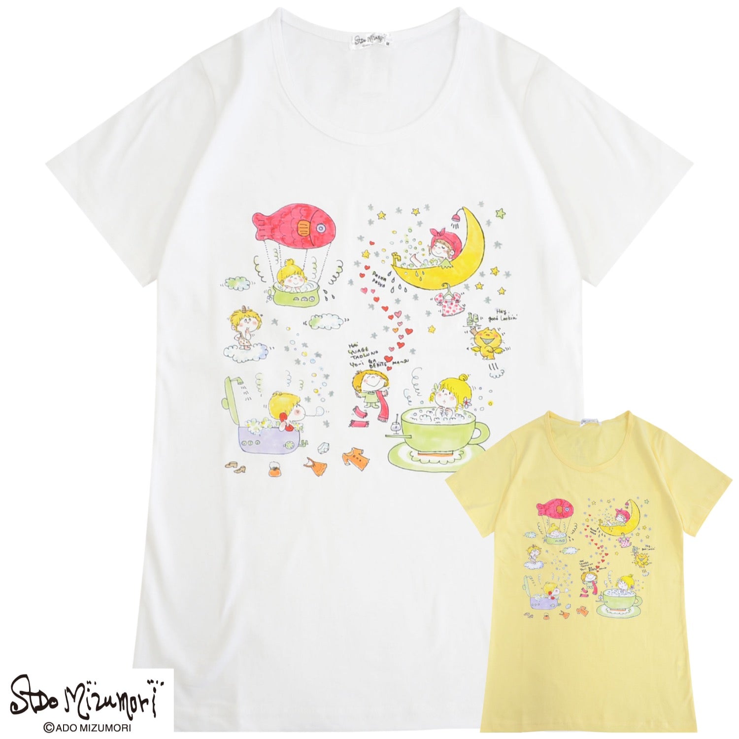 水森亜土 レディース プリント 半袖 天竺 Tシャツ トップス レトロ カワイイ イラスト あどちゃん