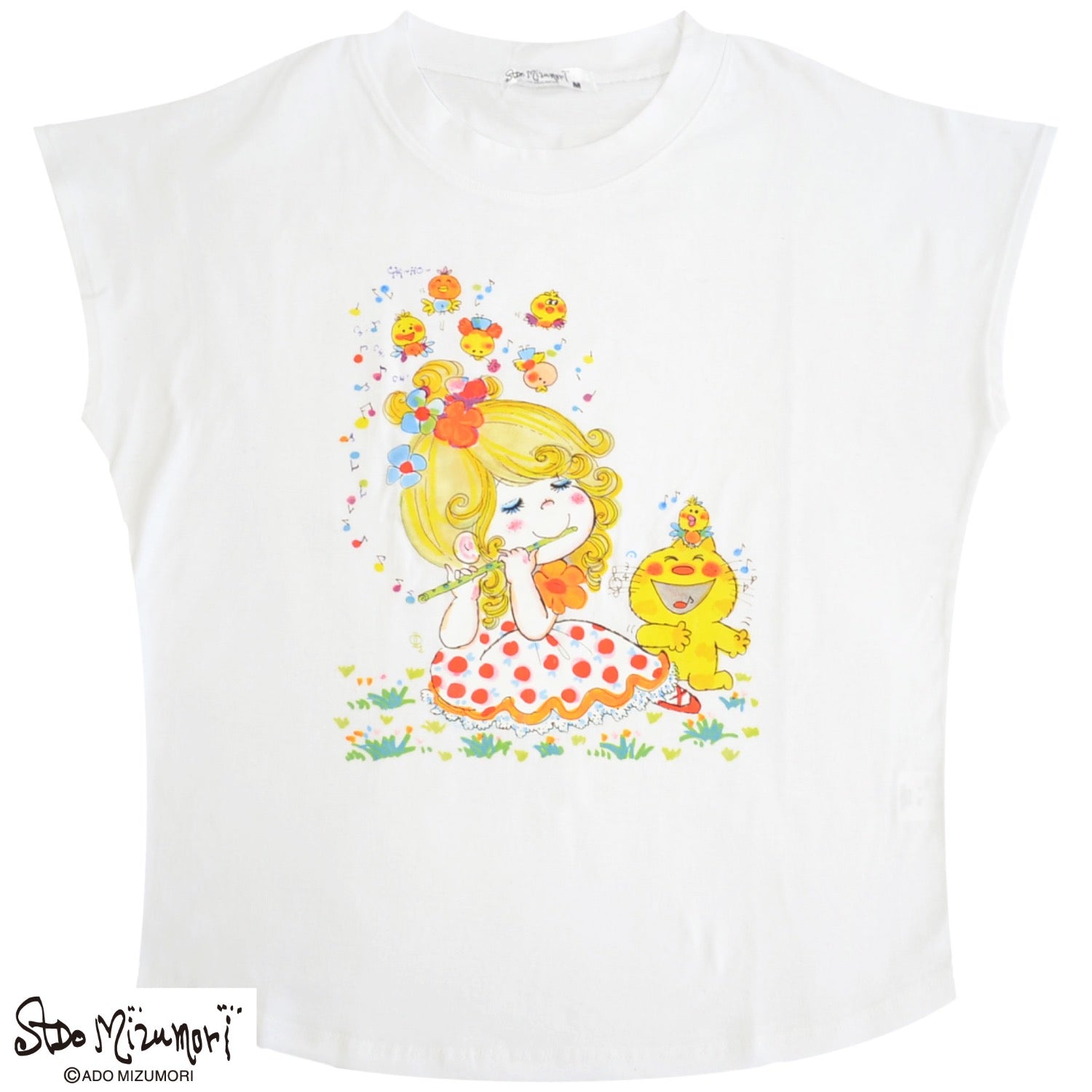 水森亜土 音楽柄 プリント フレンチスリーブ 半袖 天竺 Tシャツ トップス レトロ カワイイ イラスト あどちゃん