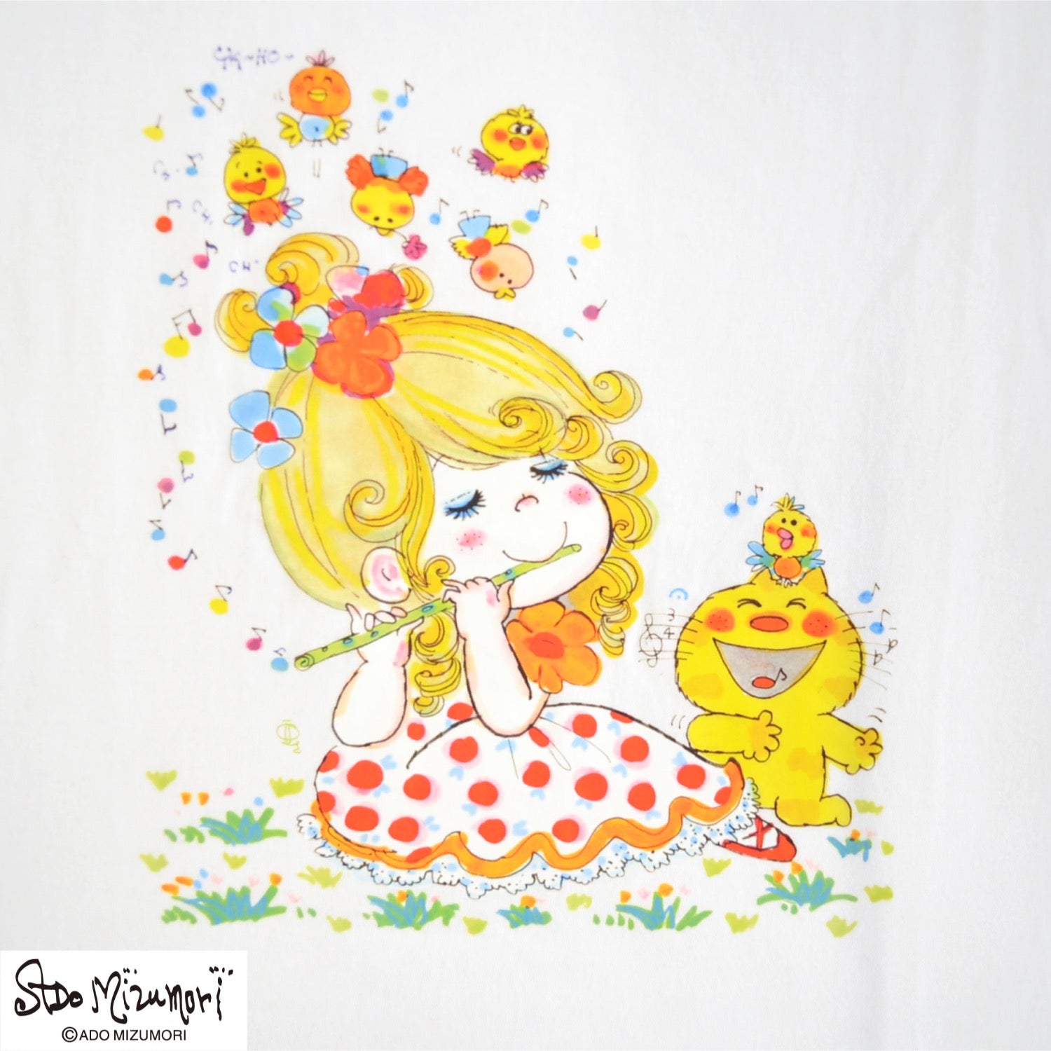 水森亜土 音楽柄 プリント フレンチスリーブ 半袖 天竺 Tシャツ トップス レトロ カワイイ イラスト あどちゃん