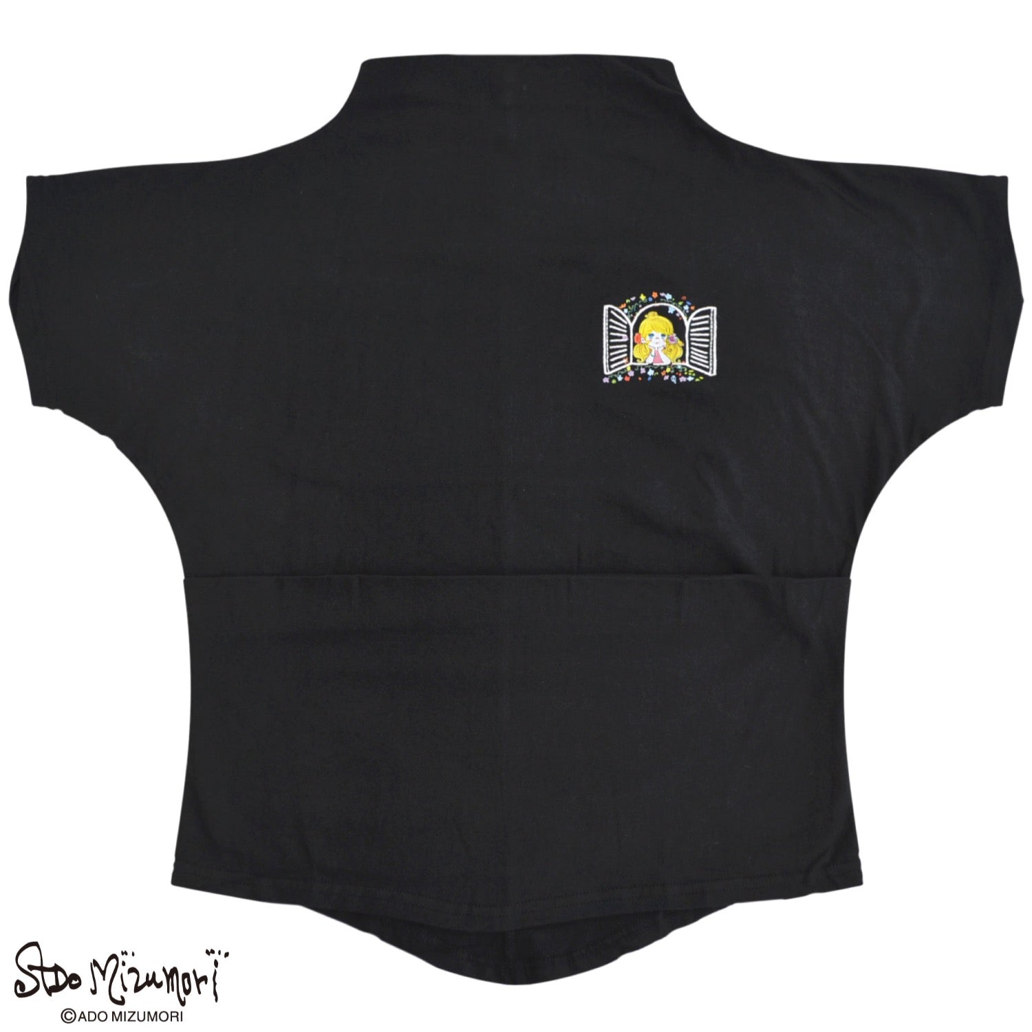 水森亜土 ハイネック Tシャツ ドルマンスリーブ 天竺 綿 半袖 イラスト 刺繍 プリント 女の子 お花 あどちゃん