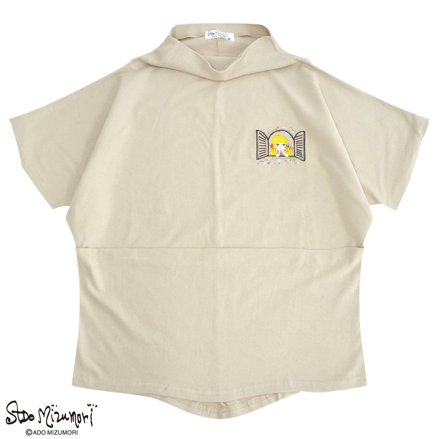 水森亜土 ハイネック Tシャツ ドルマンスリーブ 天竺 綿 半袖 イラスト 刺繍 プリント 女の子 お花 あどちゃん