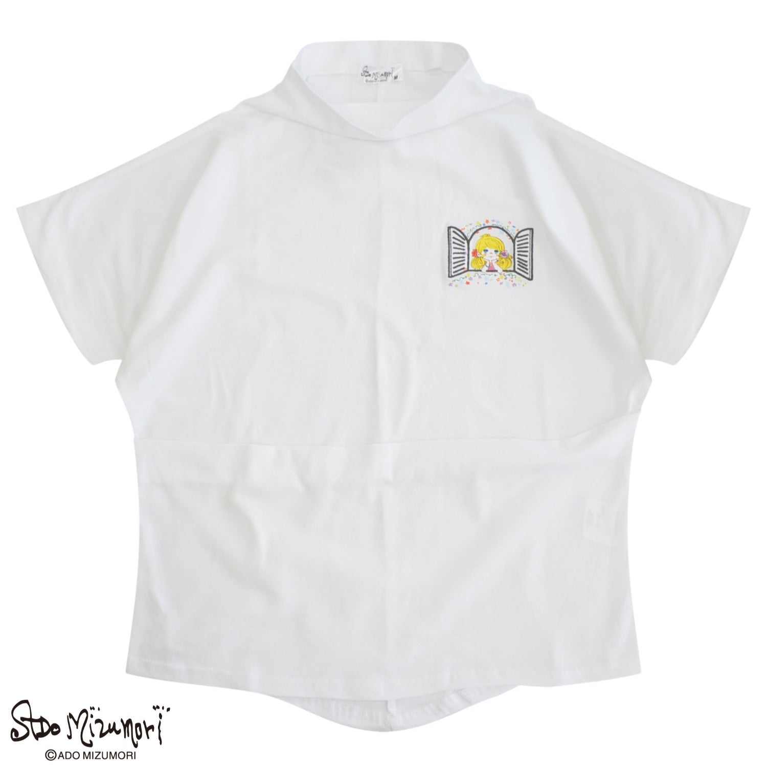 水森亜土 ハイネック Tシャツ ドルマンスリーブ 天竺 綿 半袖 イラスト 刺繍 プリント 女の子 お花 あどちゃん