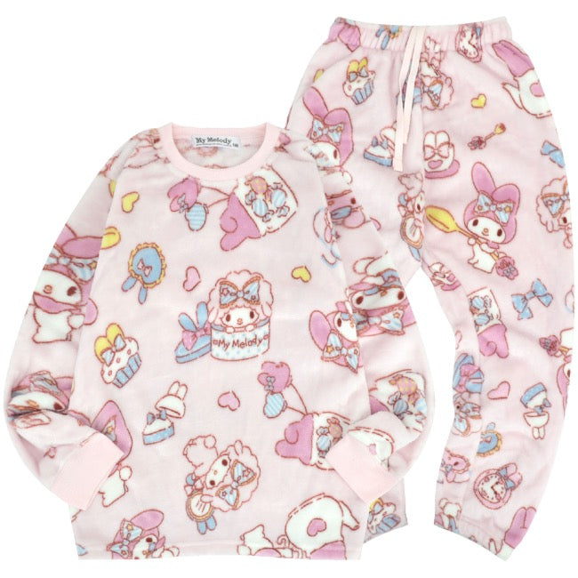 マイメロディ 子供 トレーナー スウェット パンツ フリース キッズ セットアップ 総柄 ルームウェア 部屋着 パジャマ サンリオ キャラクターズ mm6644-181