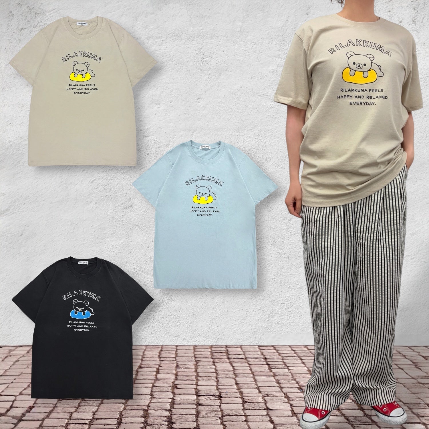 リラックマ のんびり柄 プリント 半袖 Tシャツ トップス 天竺 綿 夏 レディース メンズ rilakkuma rk1162-23