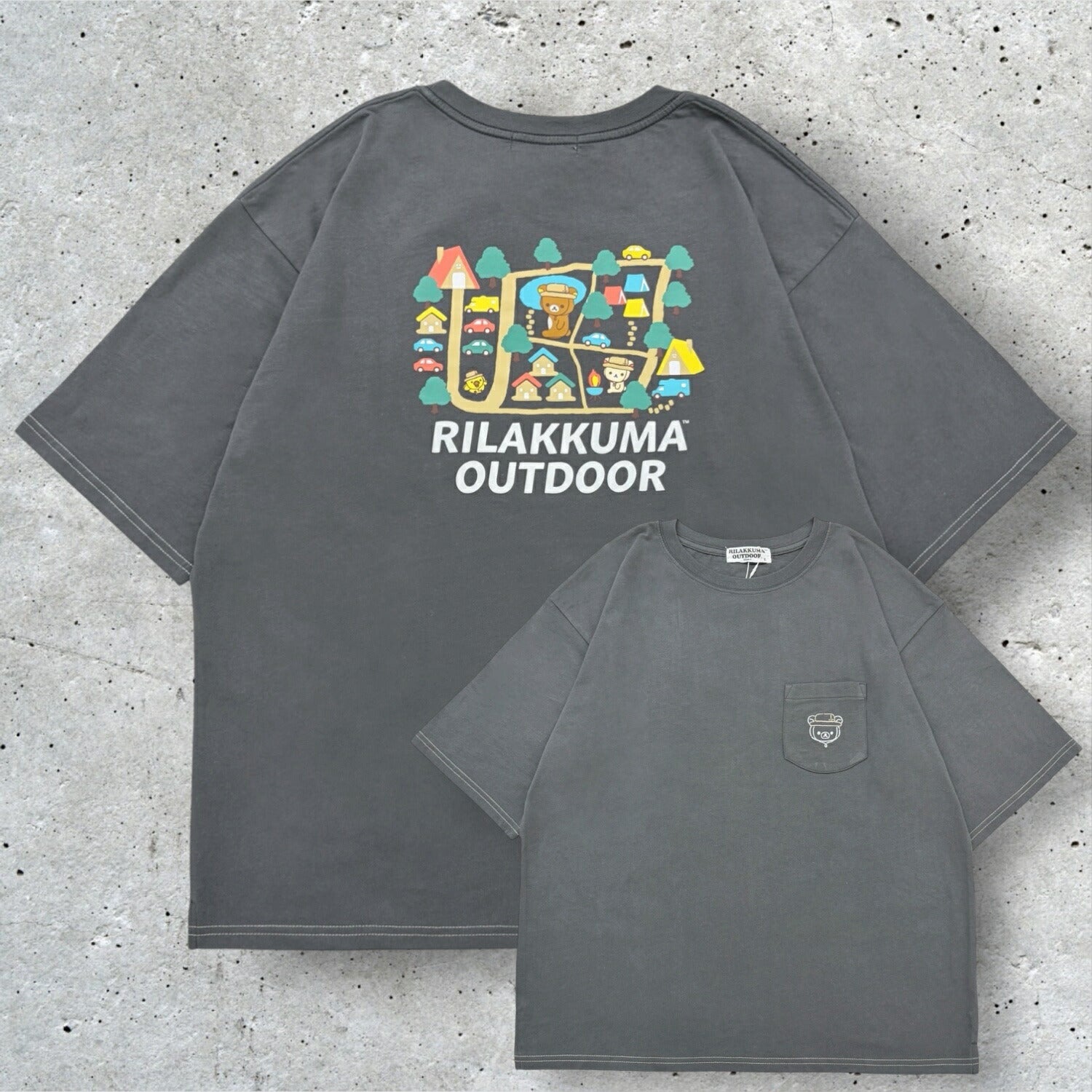 リラックマアウトドア ポケット付き 刺繍 オーバーサイズ バックプリント 半袖 Tシャツ トップス 天竺 綿 夏 レディース メンズ rilakkuma rk1162-27
