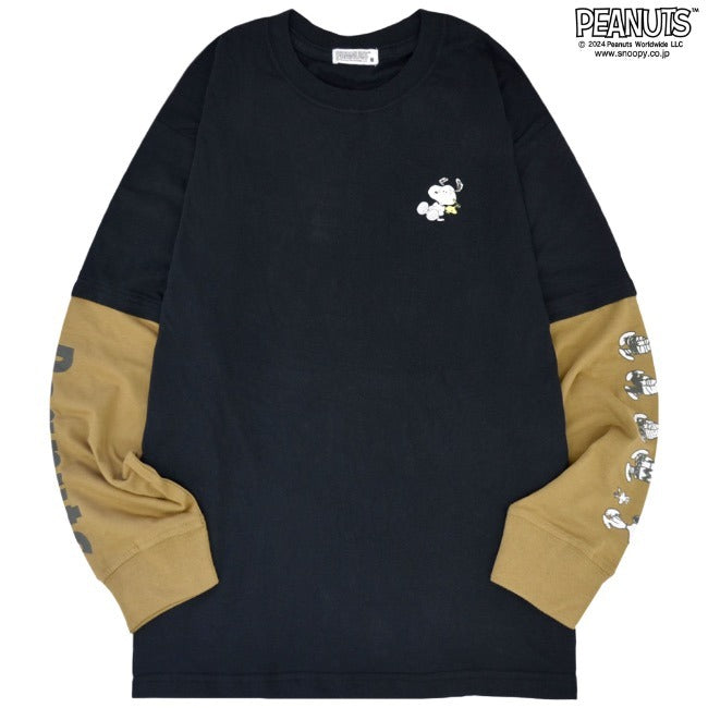 スヌーピー 長袖 Tシャツ フェイク レイヤード BIG オーバーサイズ 袖 プリント 刺繍 トップス SNOOPY PEANUTS s1243-21sp