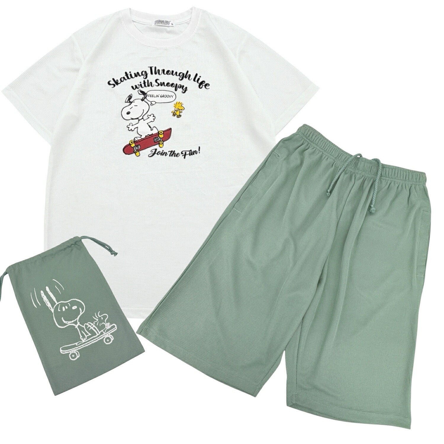 スヌーピー セットアップ ドライワッフル プリント 半袖 Tシャツ ハーフパンツ 上下セット パジャマ くつろぎ着 ジム着 レディース メンズ 春 夏 SNOOPY PEANUTS s1662-161sp
