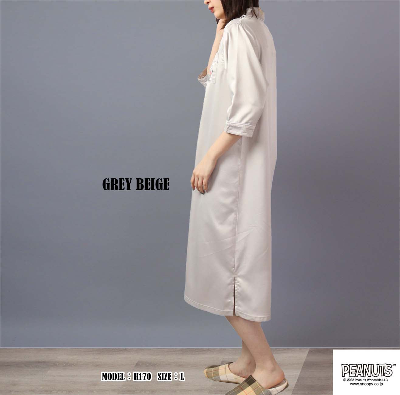スヌーピー ワンピース 部屋着 レディース 七分袖 サテン 刺繍 PEANUT s2122-39