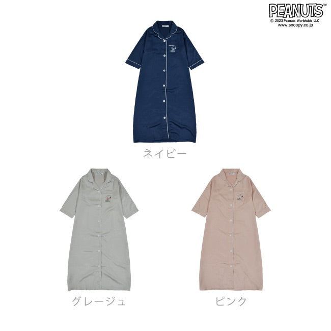 スヌーピー ワンピース 部屋着 レディース 七分袖 サテン 刺繍 PEANUT s2122-39
