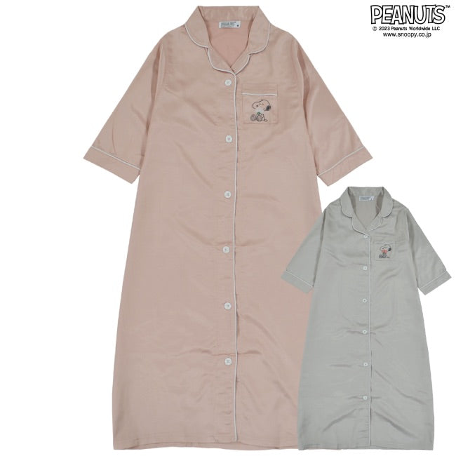 スヌーピー ワンピース 部屋着 レディース 七分袖 サテン 刺繍 PEANUT s2122-39