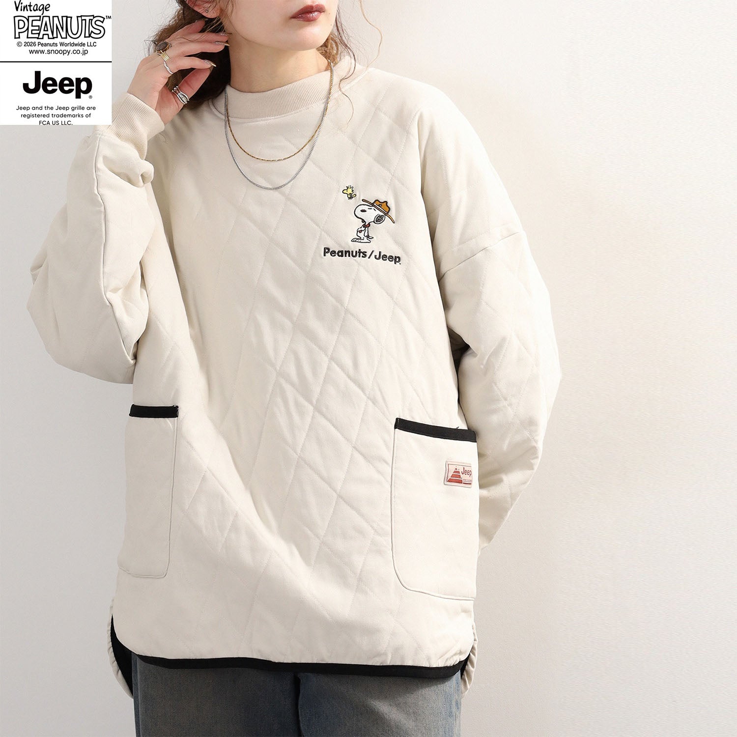 スヌーピー ピーナッツ ジープ アウトドア 中綿入り キルト トップス トレーナー 長袖 SNOOPY PEANUTS JEEP sjp1344-132