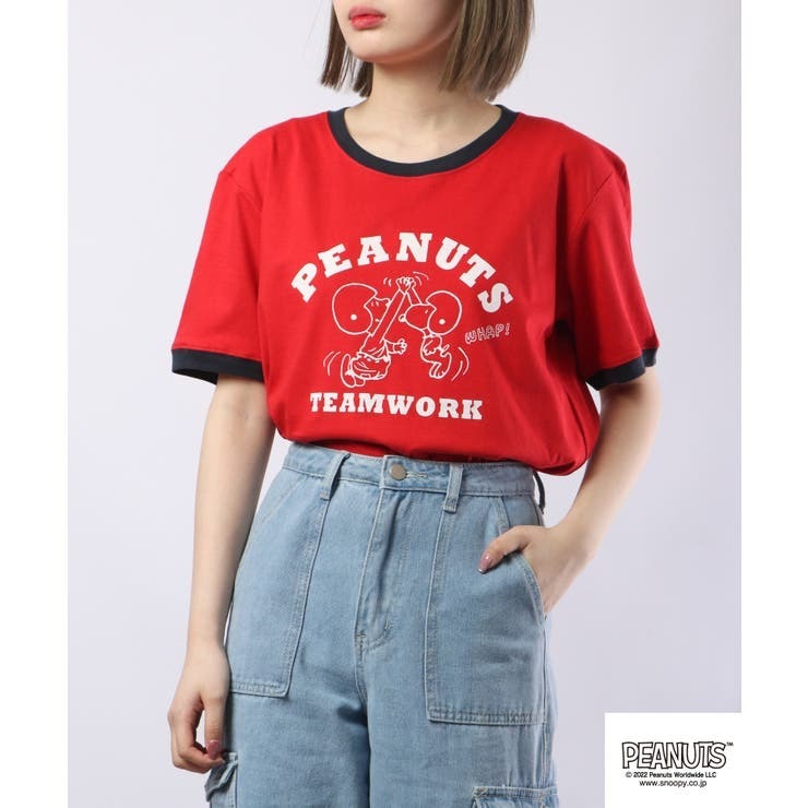 スヌーピー  Tシャツ トップス リンガーTシャツ 半袖 プリント SNOOPY PEANUTS s1132-34