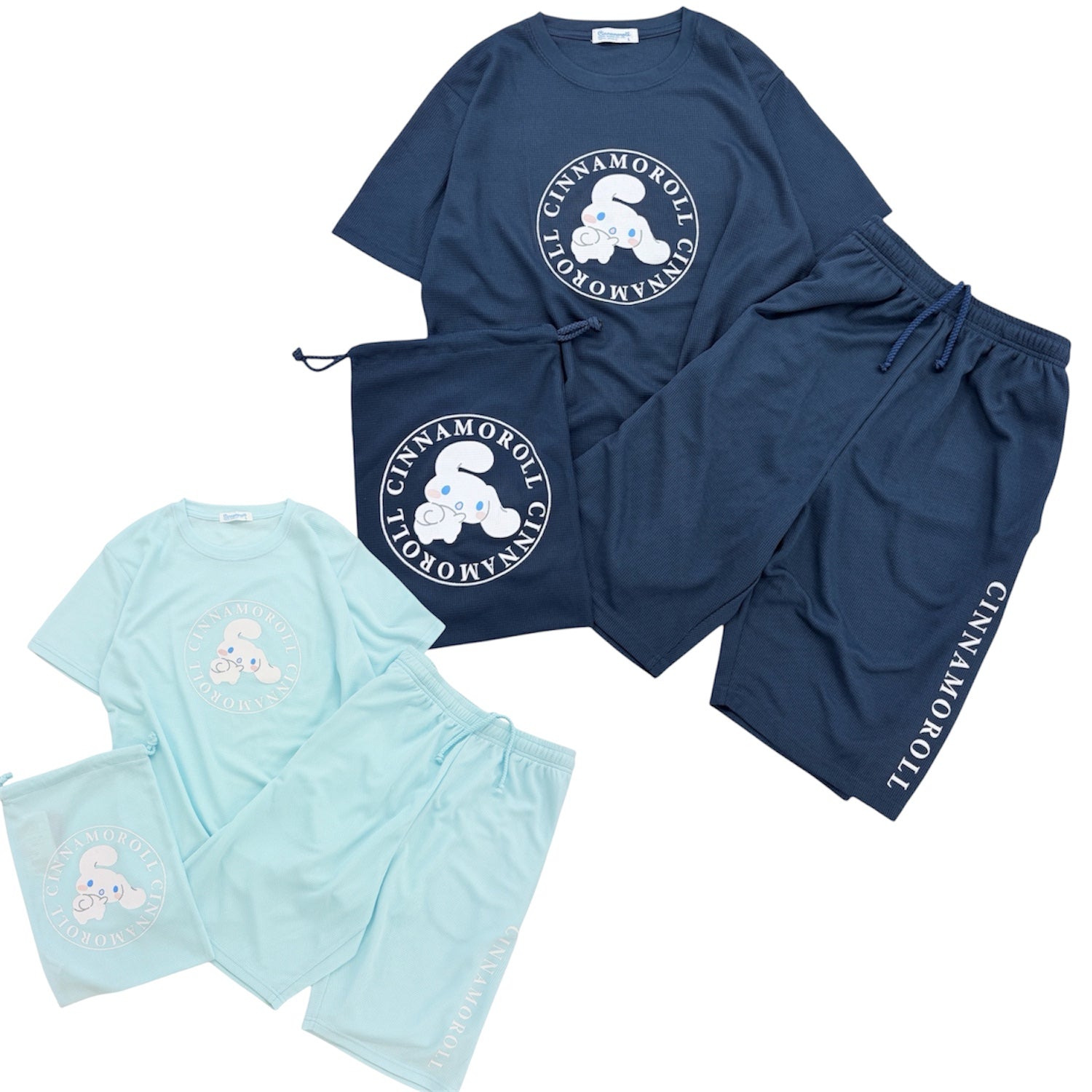 シナモロール プリント ドライワッフル 上下セット 巾着付き 半袖 Tシャツ ハーフパンツ セットアップ  夏 レディース メンズ SANRIO CHARACTERS cr1662-64
