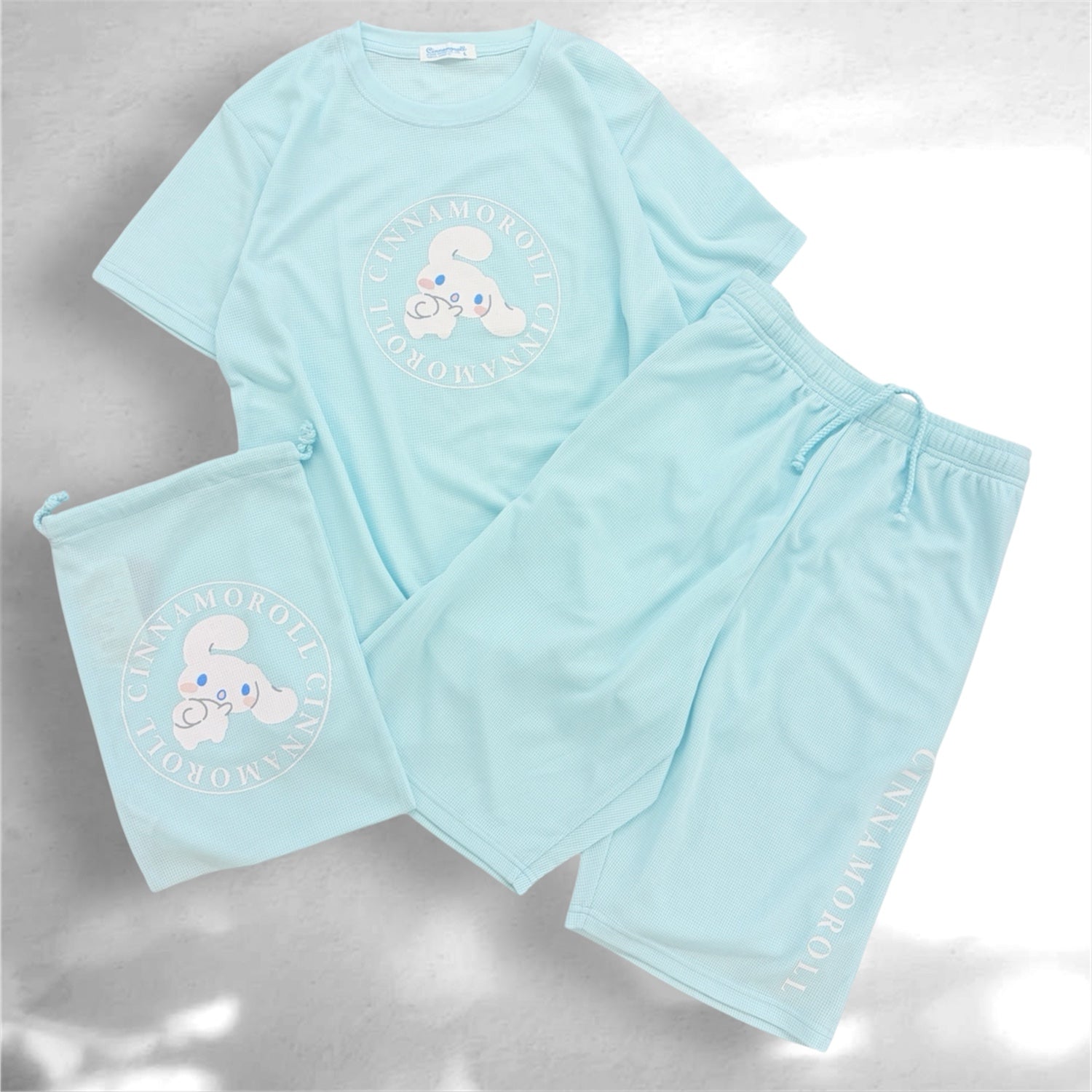 シナモロール プリント ドライワッフル 上下セット 巾着付き 半袖 Tシャツ ハーフパンツ セットアップ  夏 レディース メンズ SANRIO CHARACTERS cr1662-64