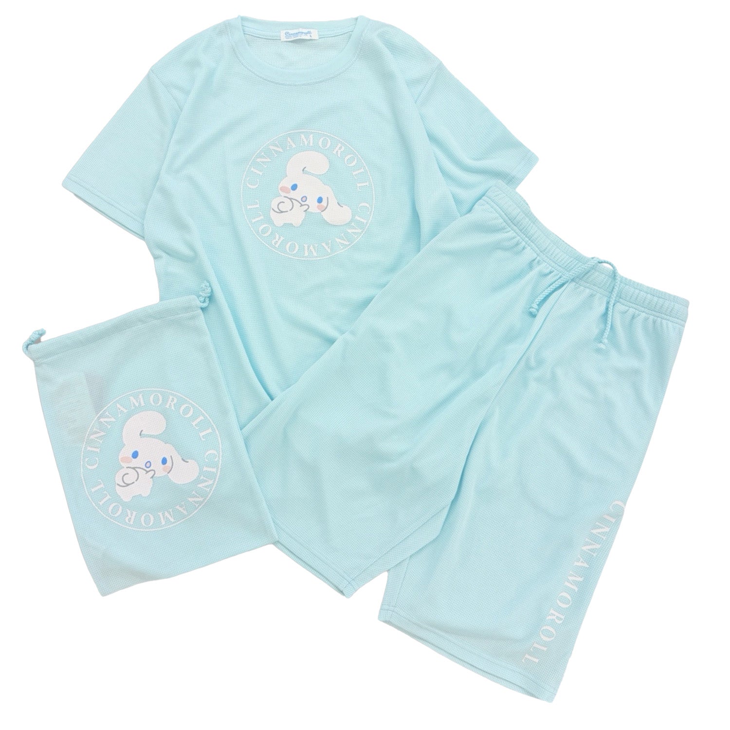 シナモロール プリント ドライワッフル 上下セット 巾着付き 半袖 Tシャツ ハーフパンツ セットアップ  夏 レディース メンズ SANRIO CHARACTERS cr1662-64