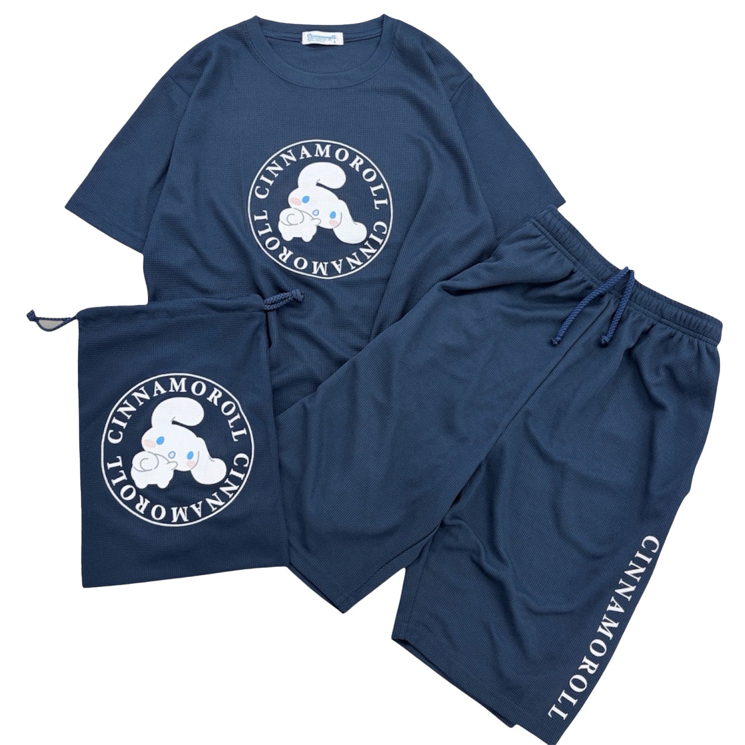 シナモロール プリント ドライワッフル 上下セット 巾着付き 半袖 Tシャツ ハーフパンツ セットアップ  夏 レディース メンズ SANRIO CHARACTERS cr1662-64
