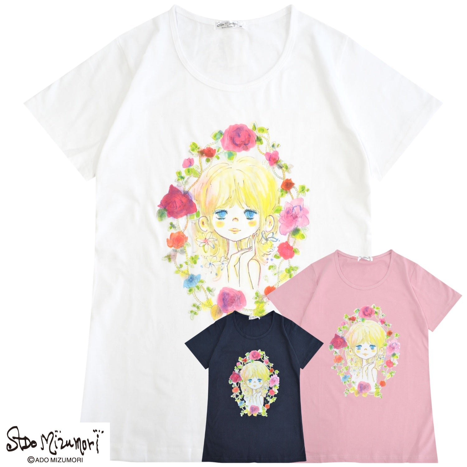 水森亜土 レディースプリント 半袖 Tシャツ トップス レトロ カワイイ イラスト あどちゃん