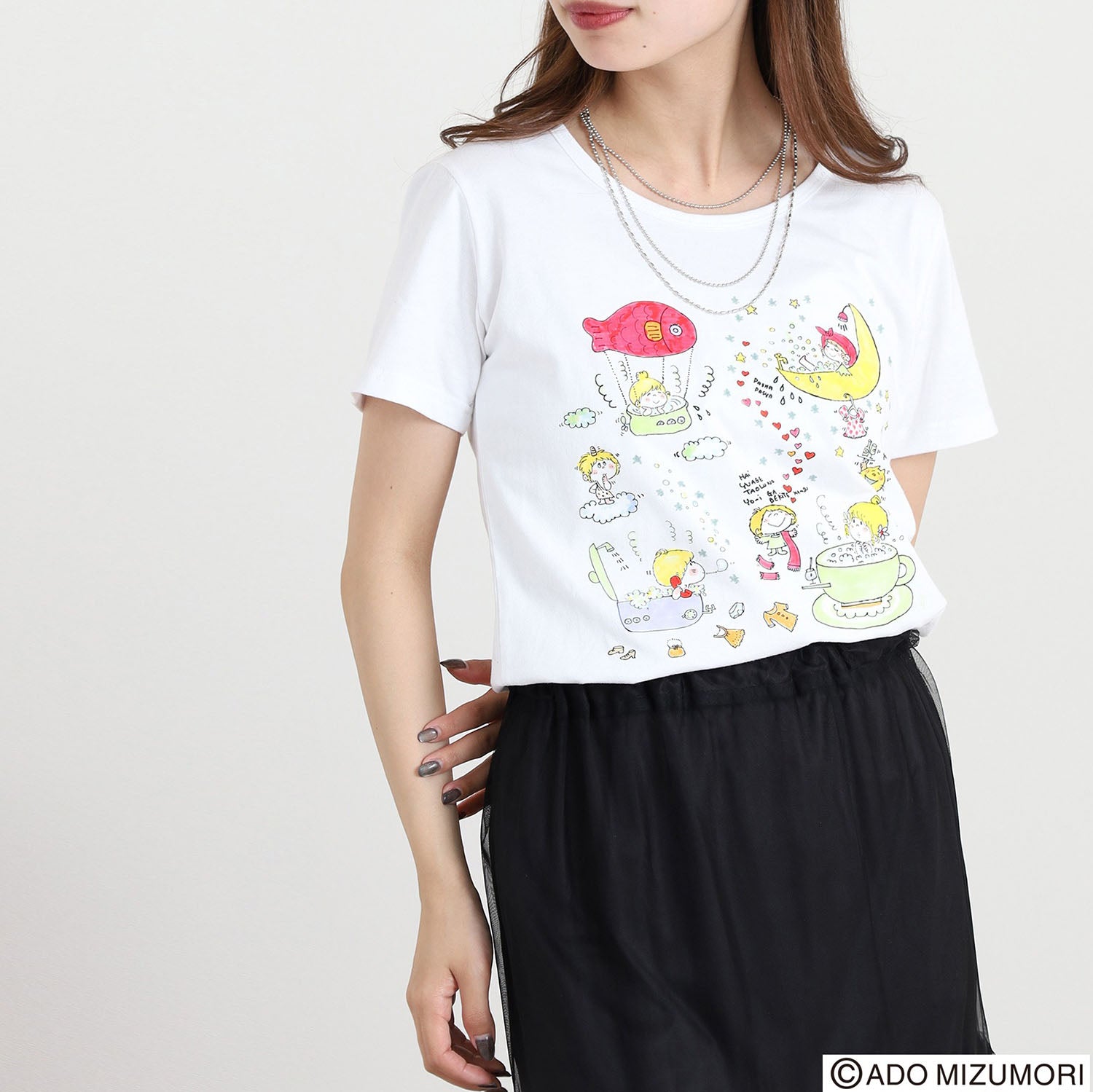 水森亜土 レディース プリント 半袖 天竺 Tシャツ トップス レトロ カワイイ イラスト あどちゃん