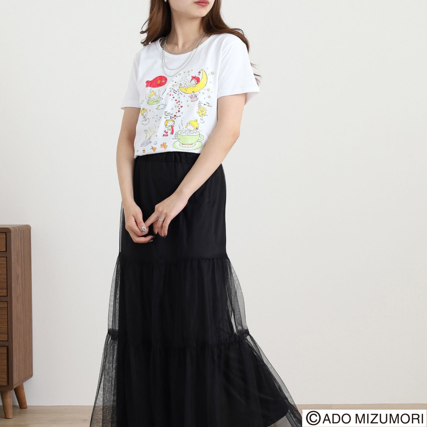 水森亜土 レディース プリント 半袖 天竺 Tシャツ トップス レトロ カワイイ イラスト あどちゃん