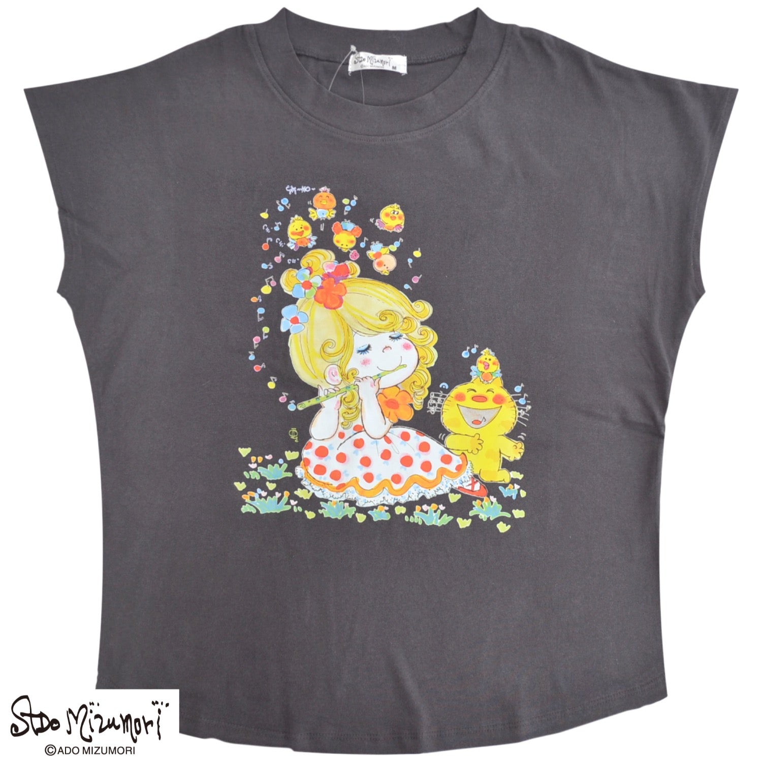 水森亜土 音楽柄 プリント フレンチスリーブ 半袖 天竺 Tシャツ トップス レトロ カワイイ イラスト あどちゃん