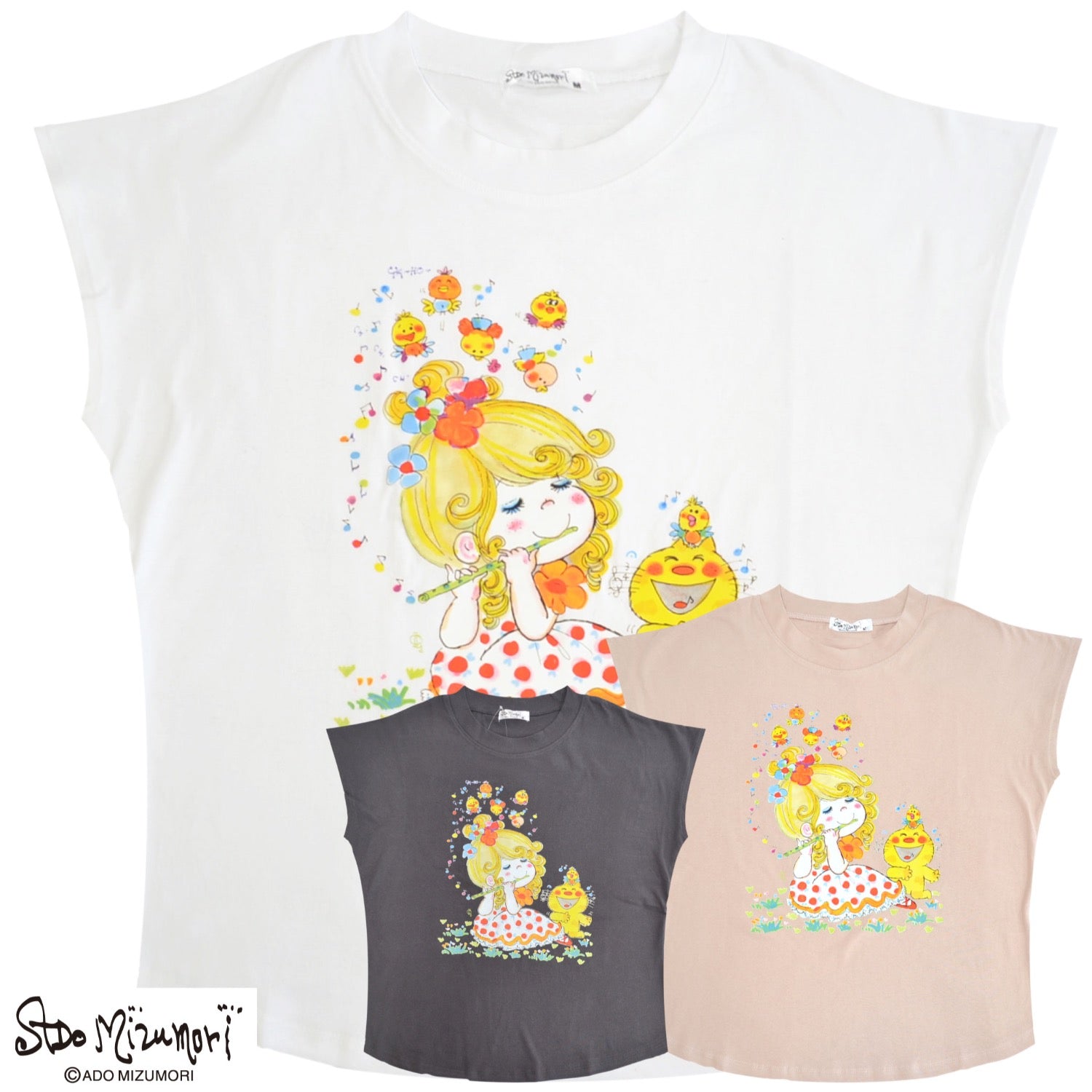 水森亜土 音楽柄 プリント フレンチスリーブ 半袖 天竺 Tシャツ トップス レトロ カワイイ イラスト あどちゃん