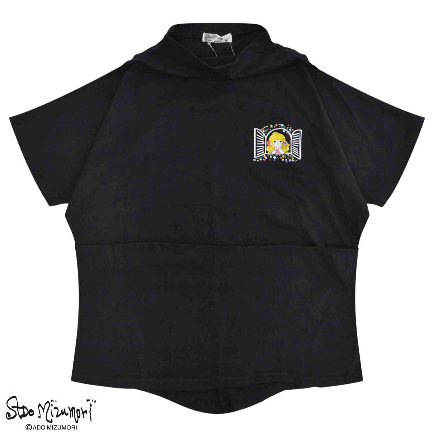 水森亜土 ハイネック Tシャツ ドルマンスリーブ 天竺 綿 半袖 イラスト 刺繍 プリント 女の子 お花 あどちゃん