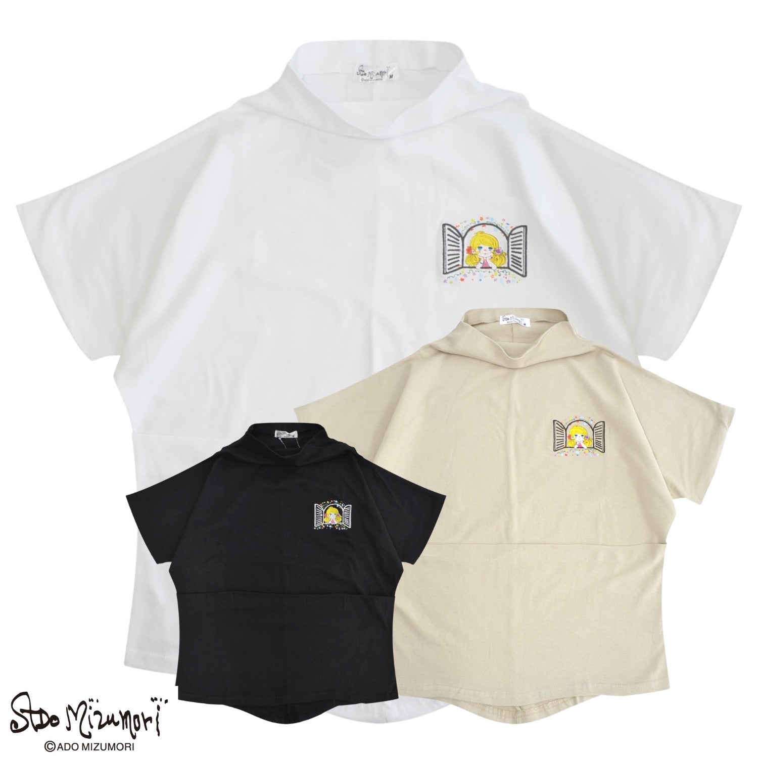 水森亜土 ハイネック Tシャツ ドルマンスリーブ 天竺 綿 半袖 イラスト 刺繍 プリント 女の子 お花 あどちゃん