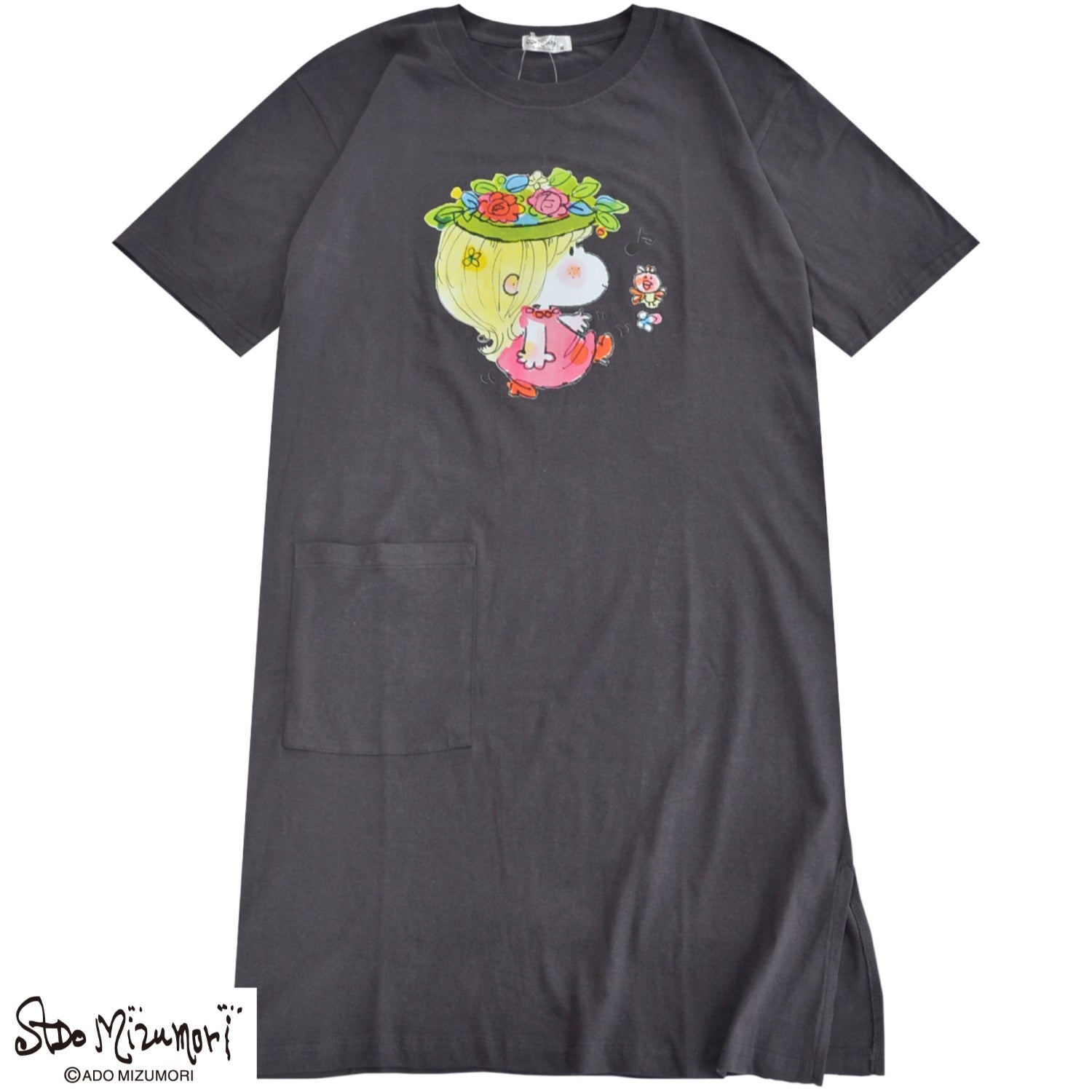 水森亜土 レディース プリント スーパービッグTシャツ  天竺 綿 半袖 ワンピース あどちゃん ma2752-438