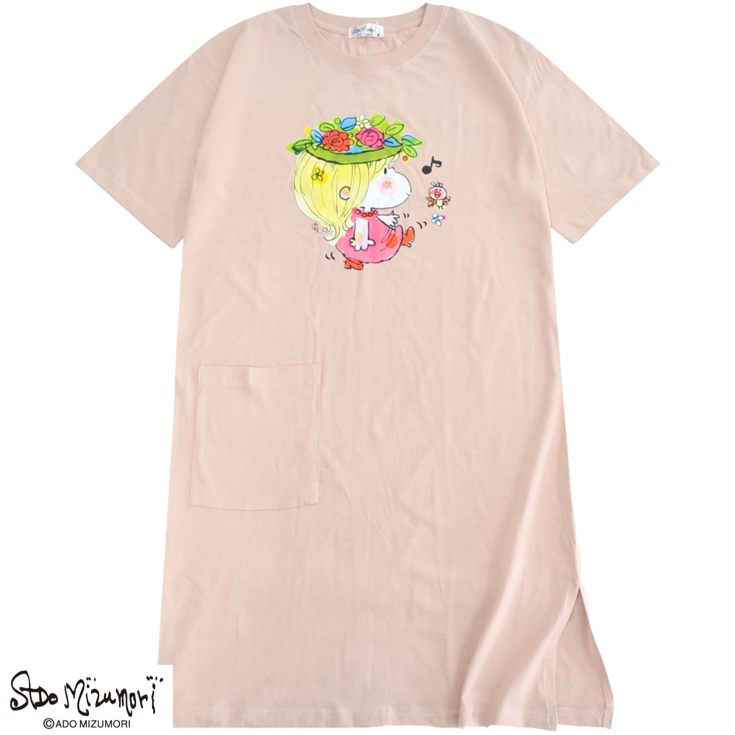 水森亜土 レディース プリント スーパービッグTシャツ  天竺 綿 半袖 ワンピース あどちゃん ma2752-438