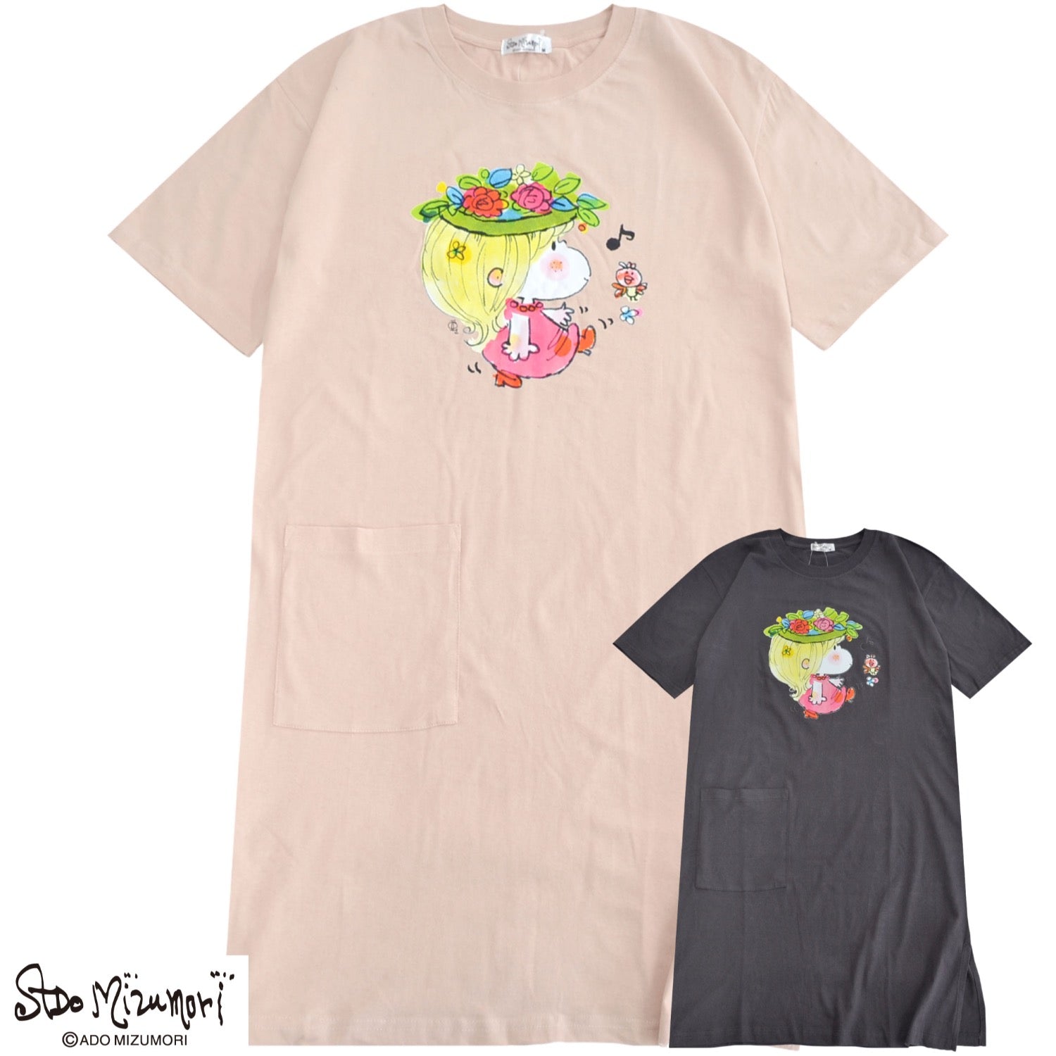 水森亜土 レディース プリント スーパービッグTシャツ  天竺 綿 半袖 ワンピース あどちゃん ma2752-438