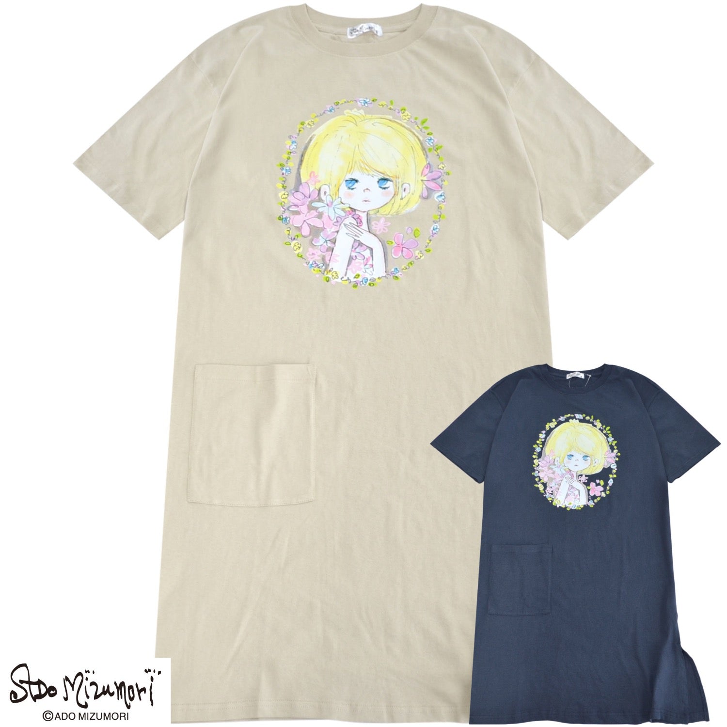 水森亜土 レディース プリント スーパービッグTシャツ 天竺 綿 半袖 ワンピース あどちゃん ma2752-439