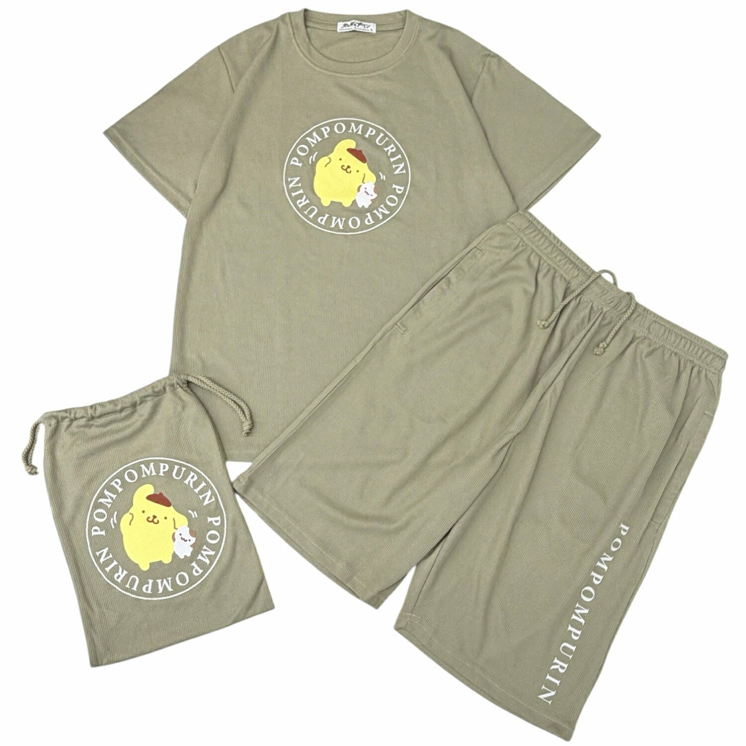 ポムポムプリン プリント ドライワッフル 上下セット 半袖 Ｔシャツ ハーフパンツ セットアップ 部屋着 パジャマ ジム着 春 夏 サンリオ キャラクターズ pp1662-65