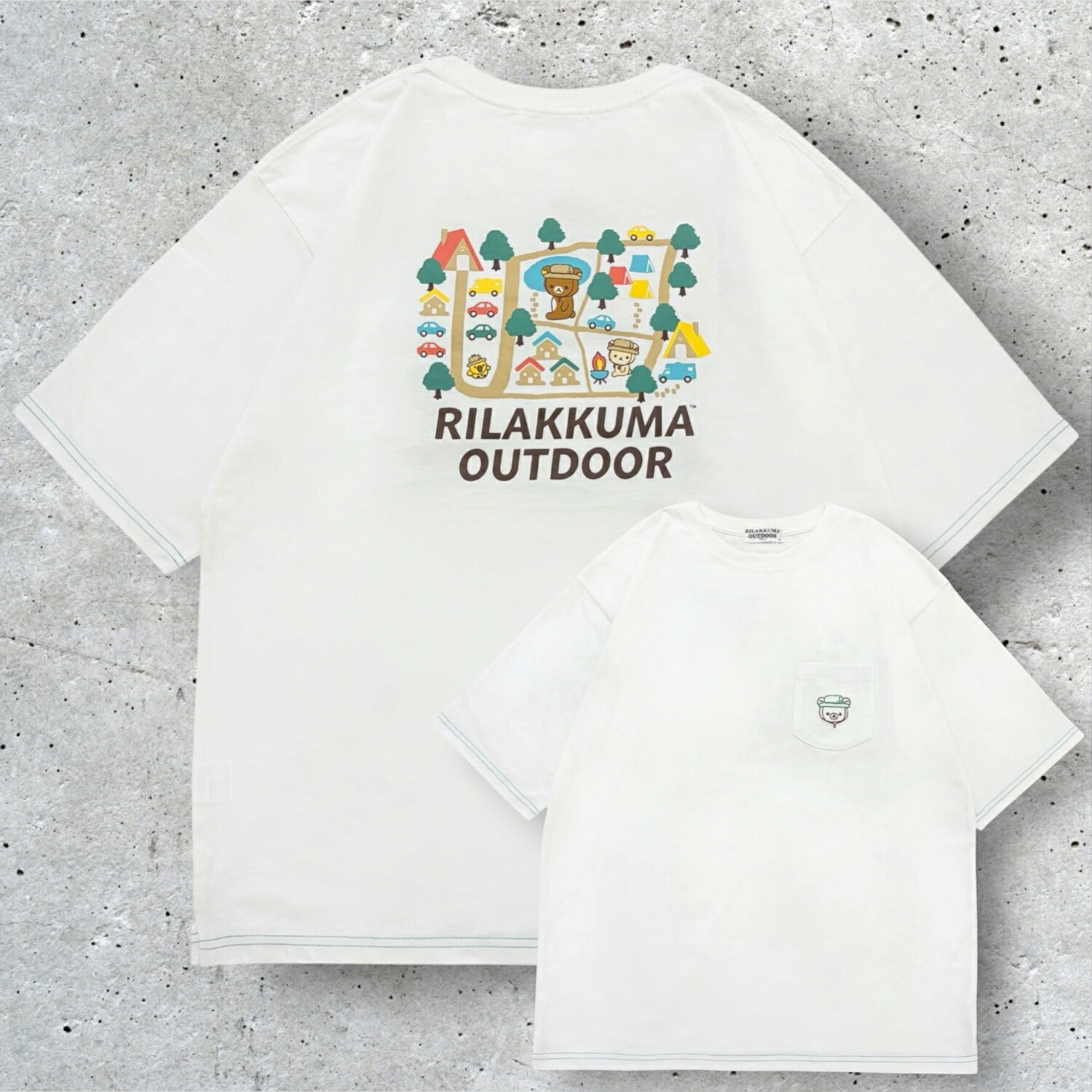 リラックマアウトドア ポケット付き 刺繍 オーバーサイズ バックプリント 半袖 Tシャツ トップス 天竺 綿 夏 レディース メンズ rilakkuma rk1162-27