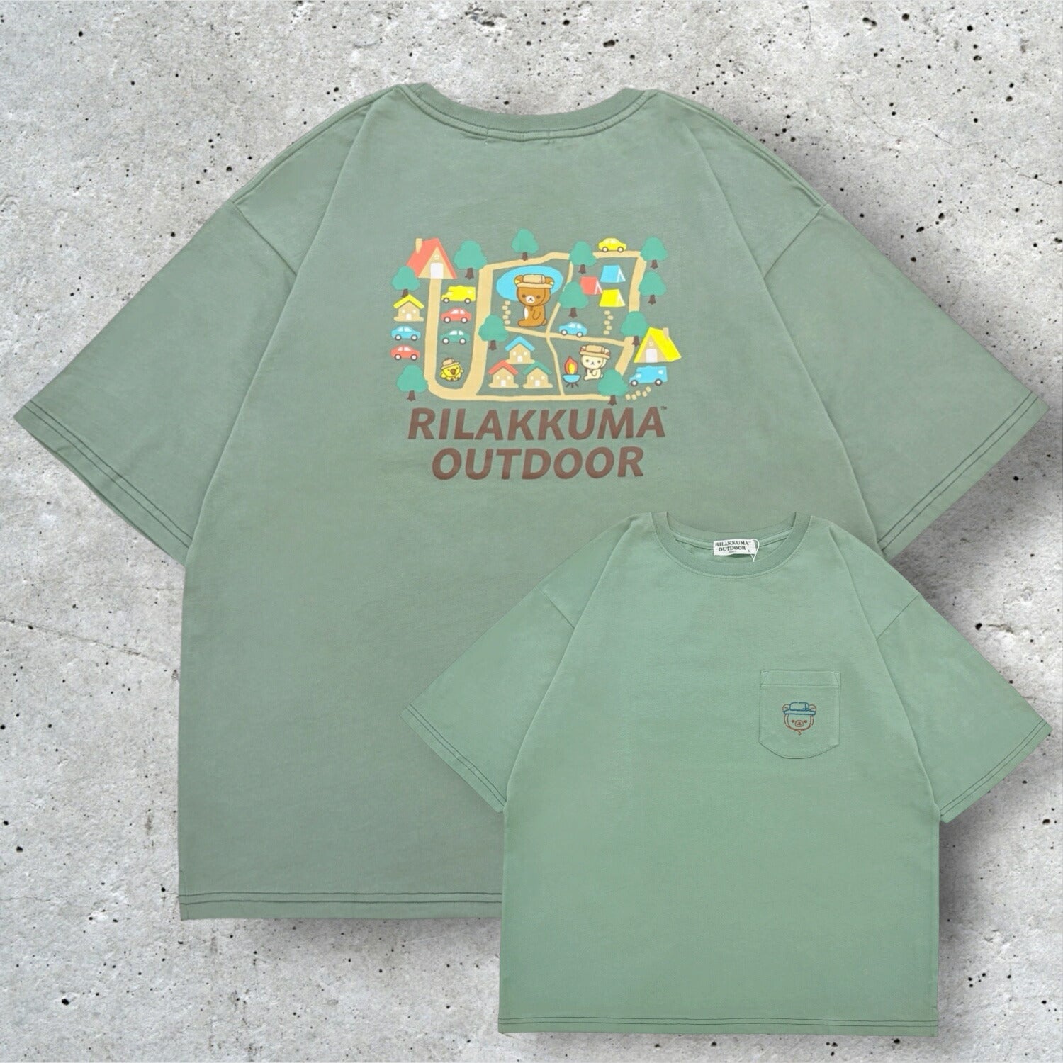 リラックマアウトドア ポケット付き 刺繍 オーバーサイズ バックプリント 半袖 Tシャツ トップス 天竺 綿 夏 レディース メンズ rilakkuma rk1162-27