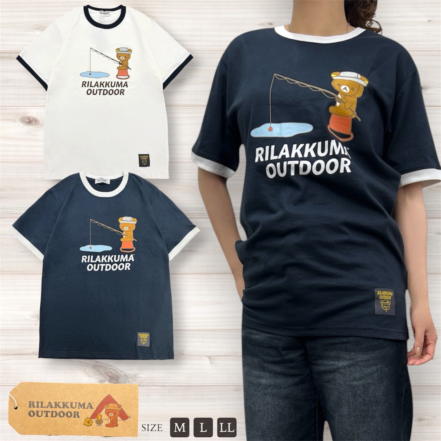 リラックマアウトドア 釣り柄 リンガー 半袖 Tシャツ トップス プリント 天竺 綿 夏 レディース メンズ rilakkuma rk1162-29