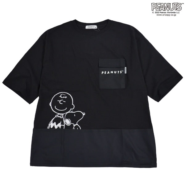 スヌーピー Tシャツ PEANUTS 切り替え ポケット付き ポプリン生地 プリント M L LL s1112-365