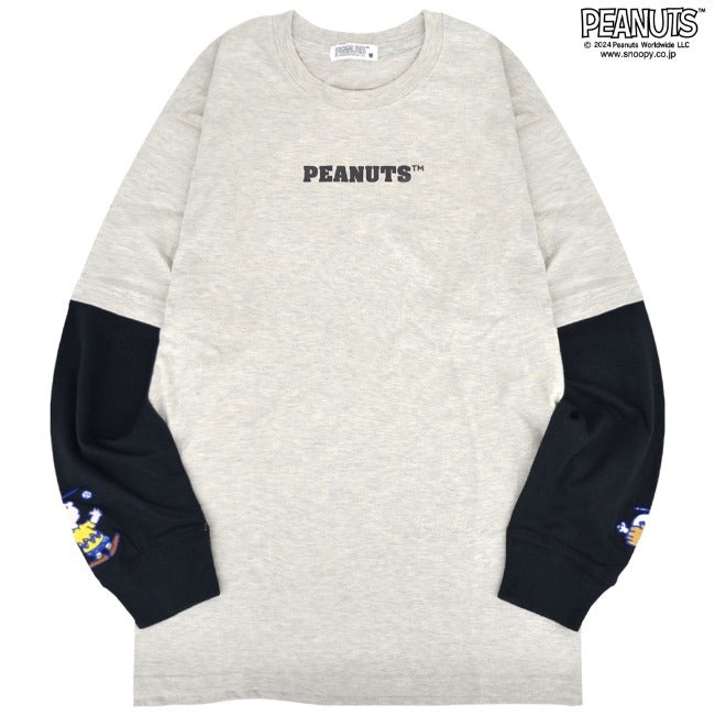 スヌーピー 長袖 Tシャツ フェイク レイヤード BIG オーバーサイズ 袖 プリント 刺繍 トップス SNOOPY PEANUTS s1243-21sp