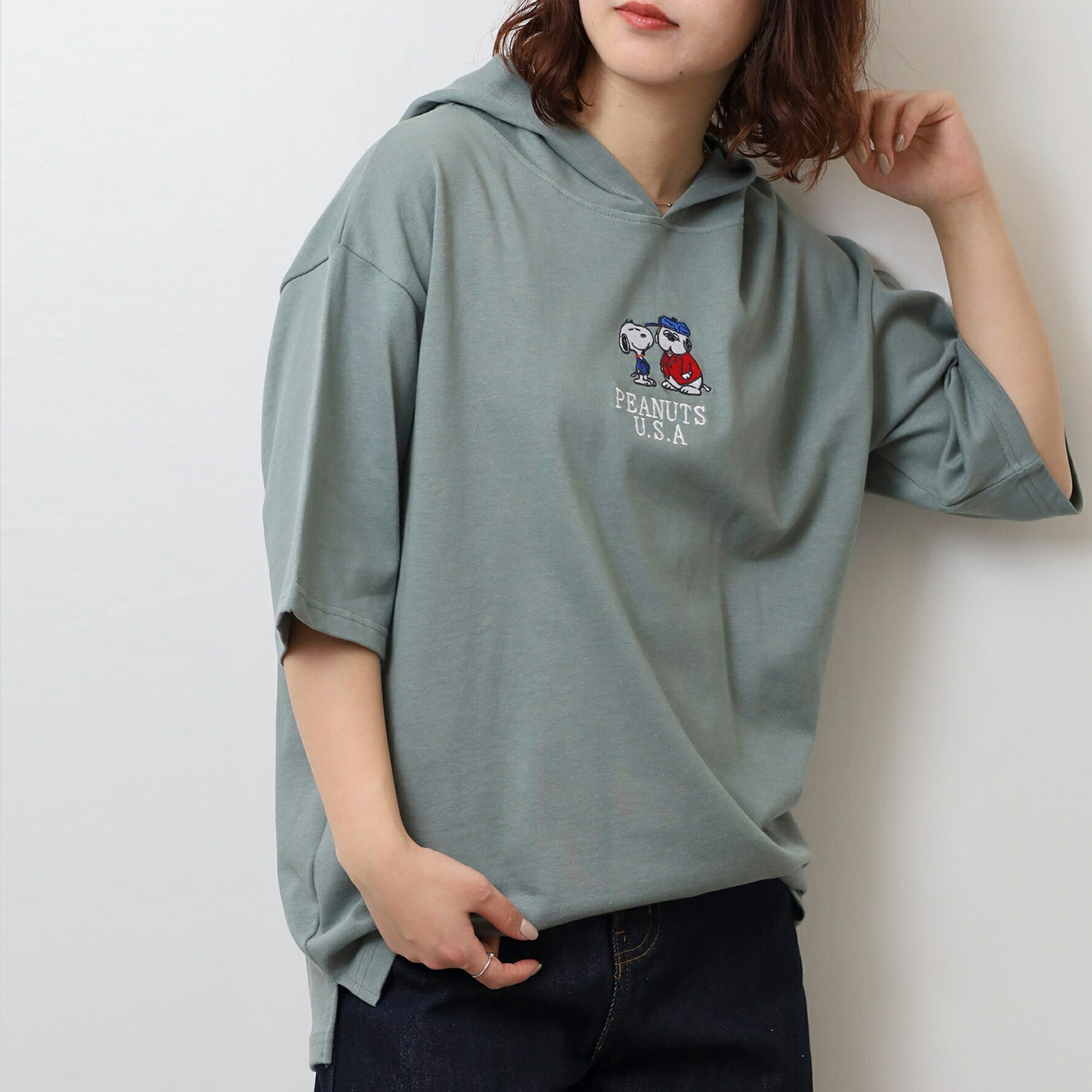 スヌーピー Tパーカー パーカー トップス 半袖 刺繍 オラフ SNOOPY PEANUTS s1352-21sp
