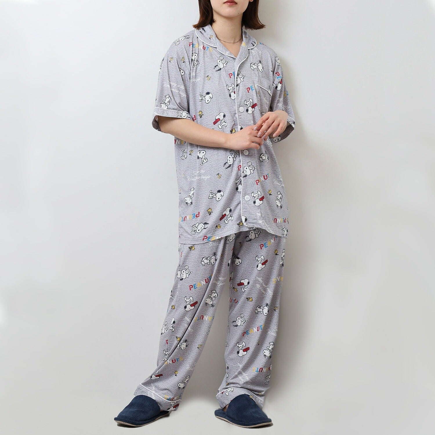 スヌーピー ウッドストック パジャマ 夏 服 シャツ パンツ トップス ロング 上下 セット 部屋着 半袖 前あき ペアコーデ レディース プリント SNOOPY PEANUTS s1652-08sp