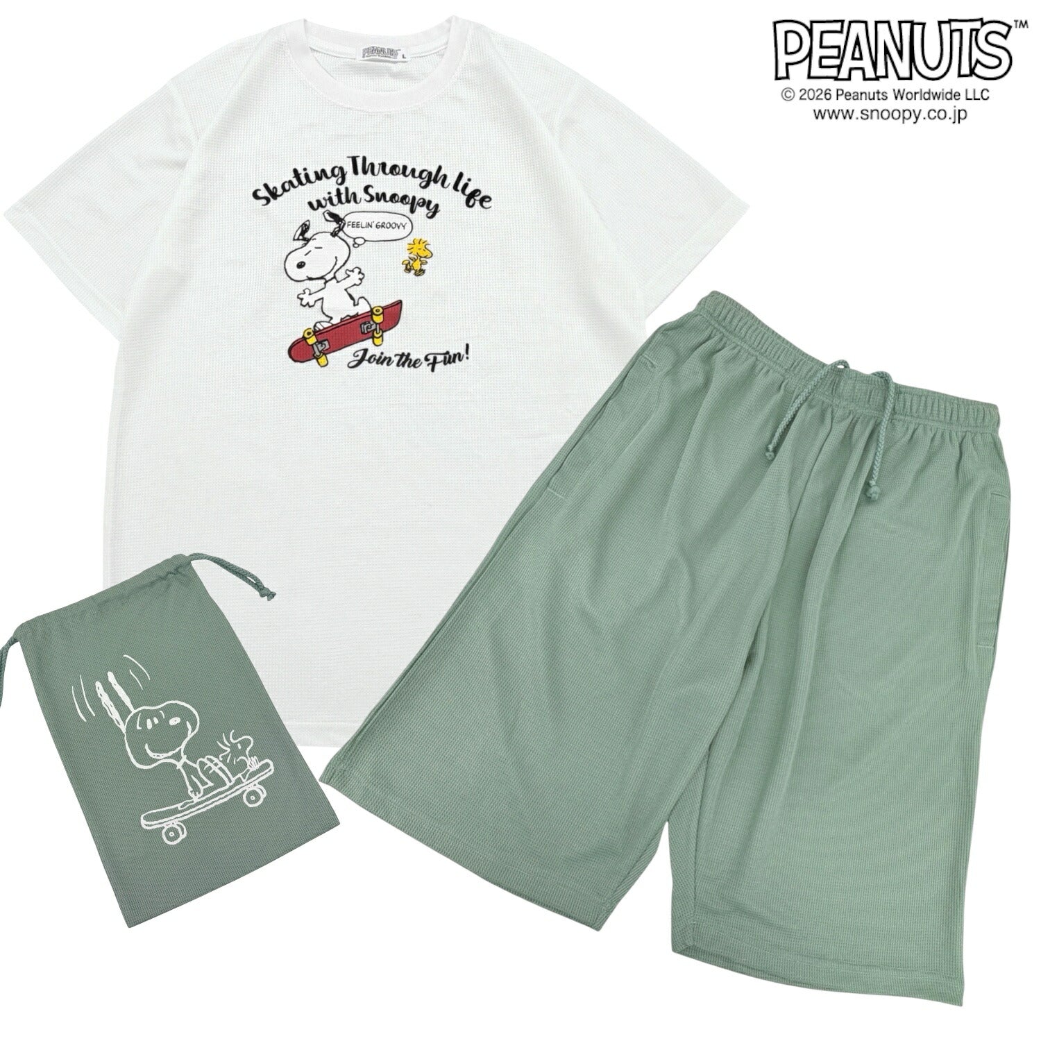 スヌーピー セットアップ ドライワッフル  プリント 半袖 Tシャツ ハーフパンツ 上下セット パジャマ くつろぎ着 ジム着 レディース メンズ 春 夏 SNOOPY PEANUTS s1662-161sp