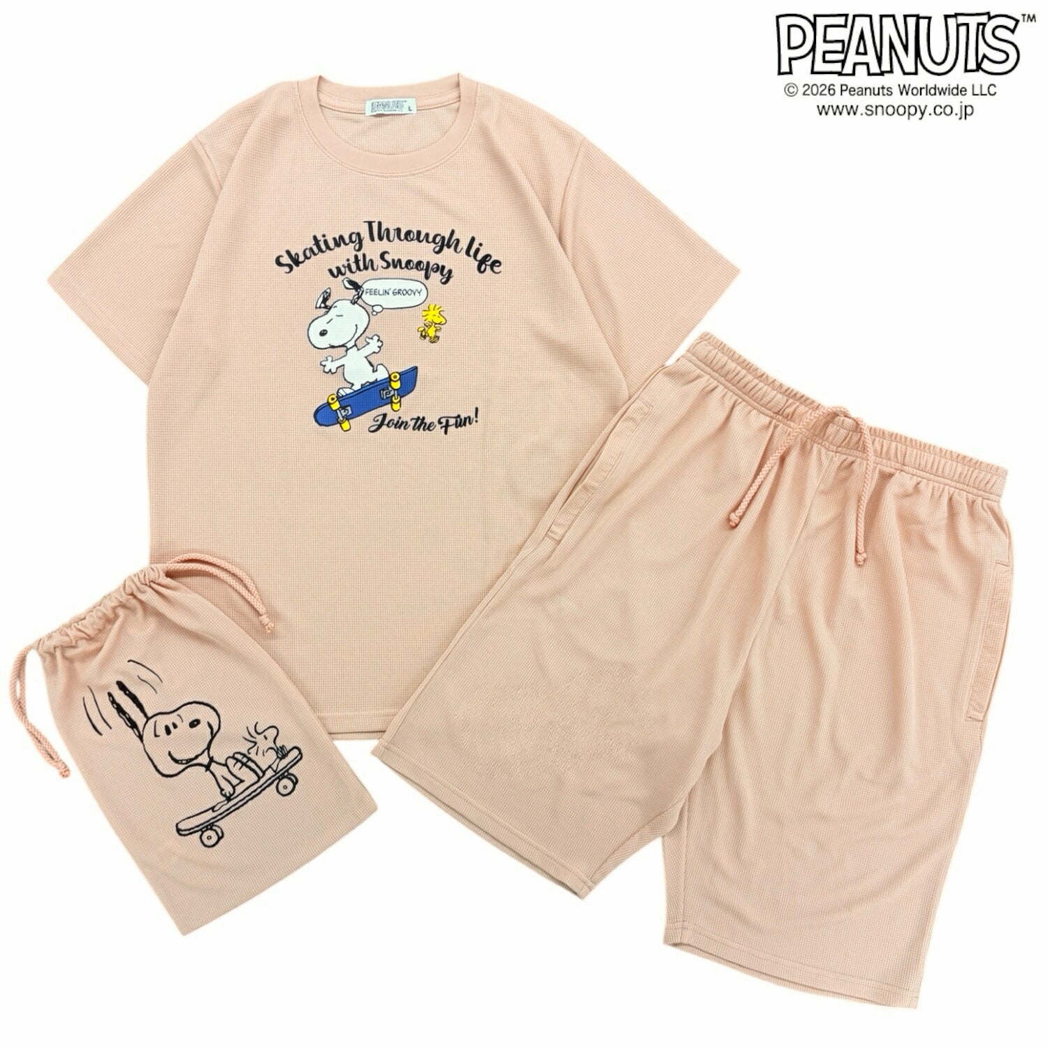 スヌーピー セットアップ ドライワッフル  プリント 半袖 Tシャツ ハーフパンツ 上下セット パジャマ くつろぎ着 ジム着 レディース メンズ 春 夏 SNOOPY PEANUTS s1662-161sp