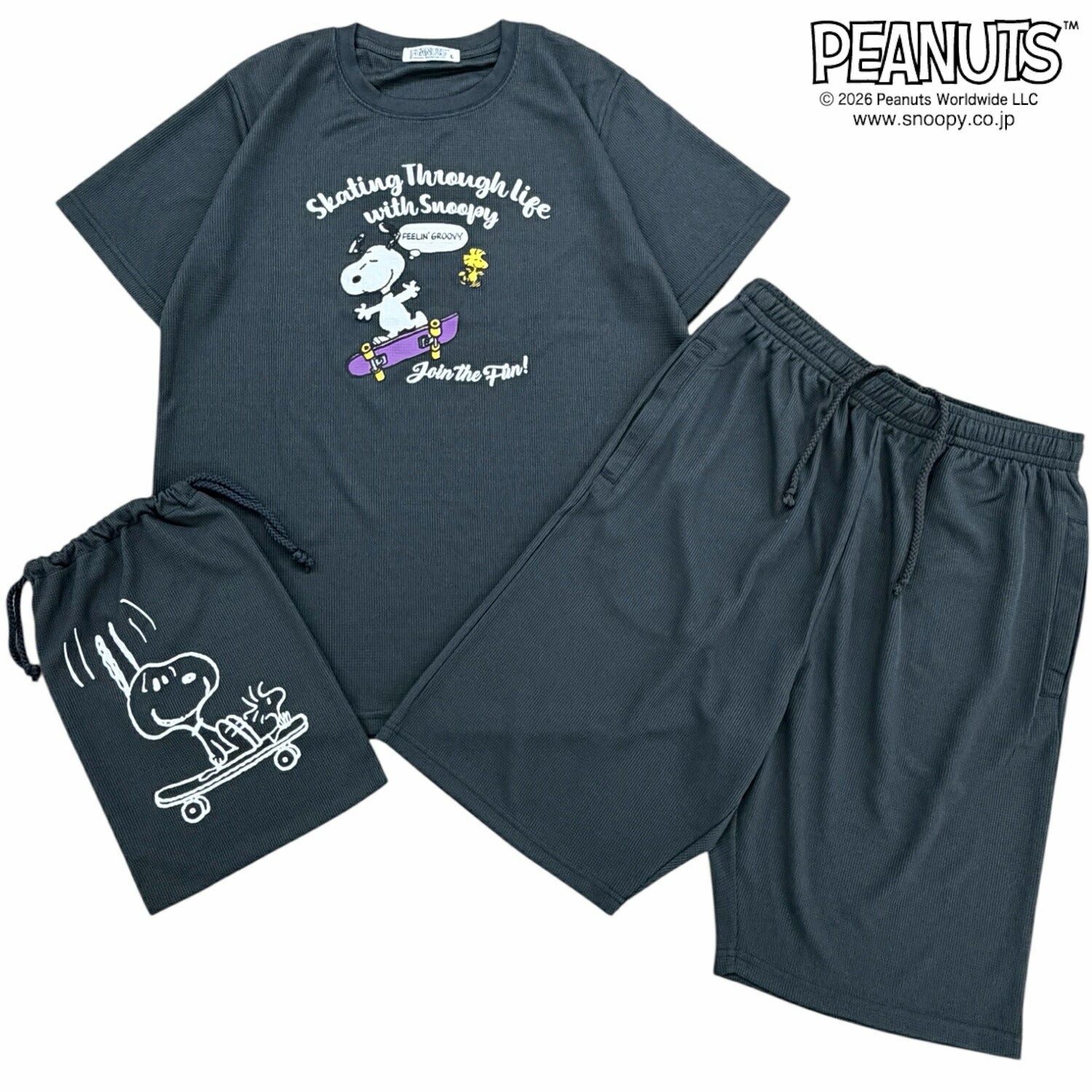 スヌーピー セットアップ ドライワッフル  プリント 半袖 Tシャツ ハーフパンツ 上下セット パジャマ くつろぎ着 ジム着 レディース メンズ 春 夏 SNOOPY PEANUTS s1662-161sp