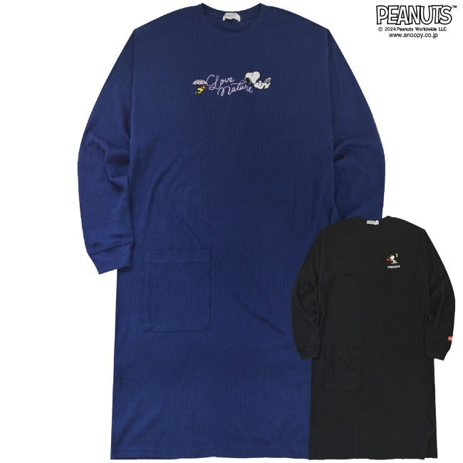 スヌーピー Tシャツ BIG ロング丈 オーバーサイズ 長袖 刺繍 ワッフル トップス ウッドストック PEANUTS SNOOPY s1743-03sp