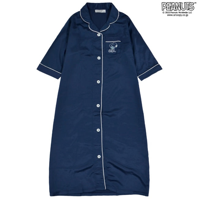 スヌーピー ワンピース 部屋着 レディース 七分袖 サテン 刺繍 PEANUT s2122-39
